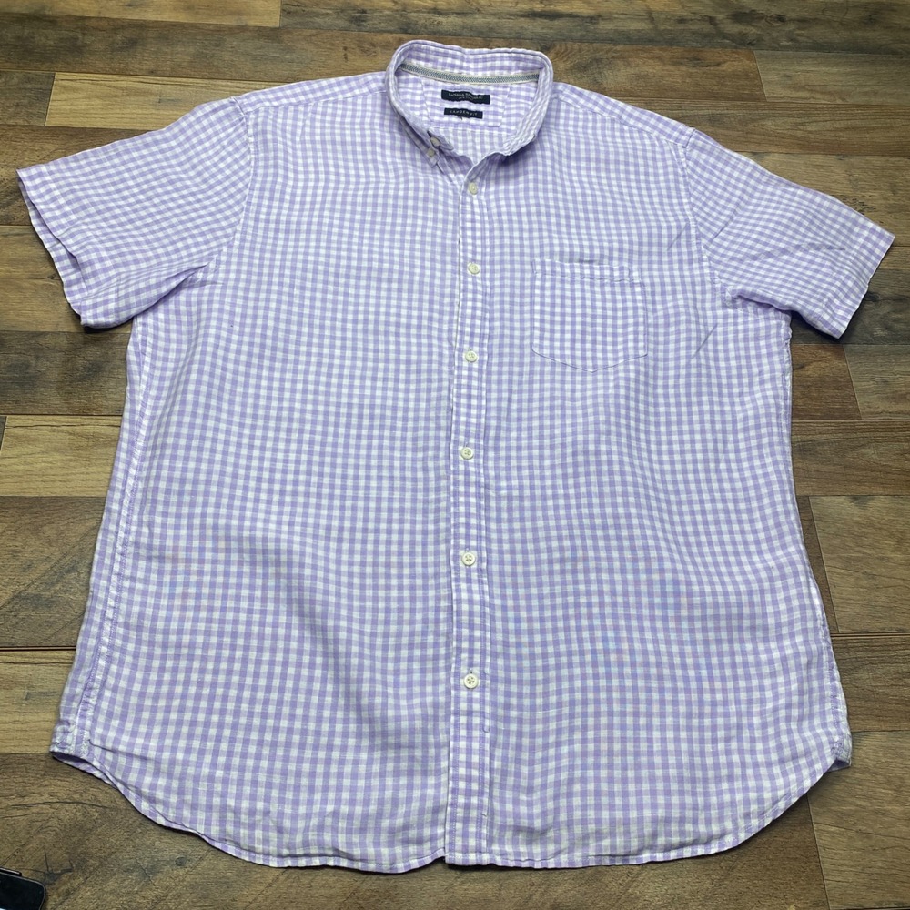 Banana Republic Shirt Mens XL Purple Gingham Linen Camden Fit Short Sleeve